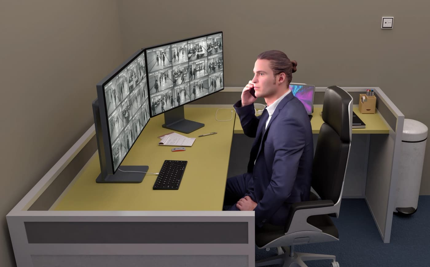 Security operator monitoring live CCTV camera feeds on multiple screens